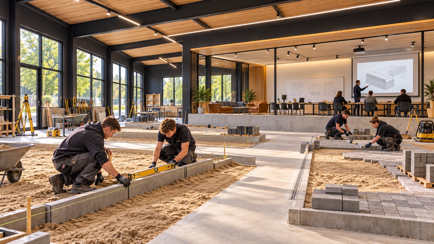 Visualisierung: Übungsflächen in der Halle, Auszubildende setzen Bordsteine und Pflaster, dahinter der Schulungsraum